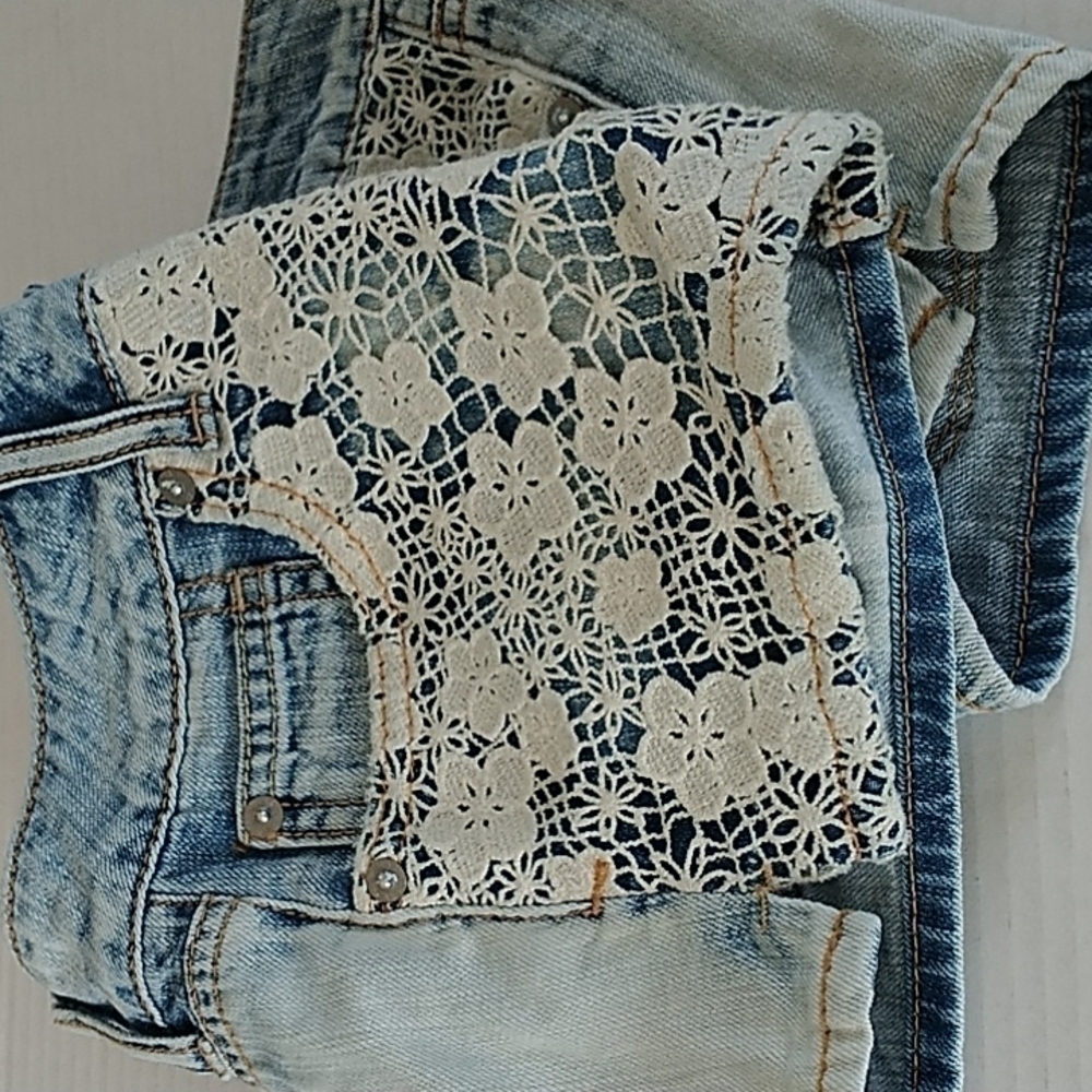 American Eagle Outfitters "Shortie" Denim Lace Shorts sz 00 - Picture 5 of 10